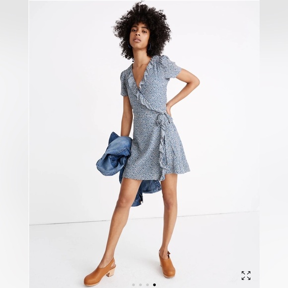 Madewell Silk Ruffle Edge Wrap Dress Bitsy Floral Print Blue Mini Womens S NWT - Picture 1 of 9